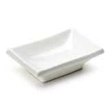 3-7/8"x2-3/8" Rectangular Sauce Dish, White Ceramic. Angled product view.
