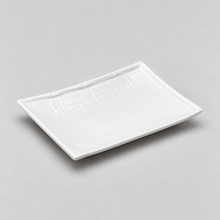 7"x5" Rectangular Plate, White Ceramic. Angled product view.