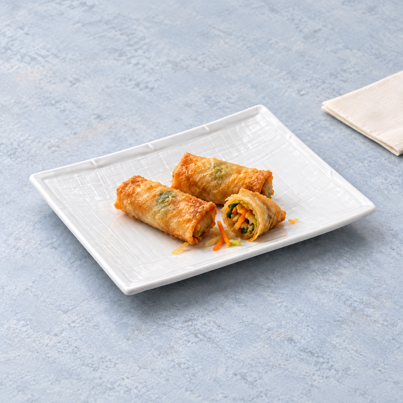Spring rolls arranged on the white A0319 rectangular ceramic plate