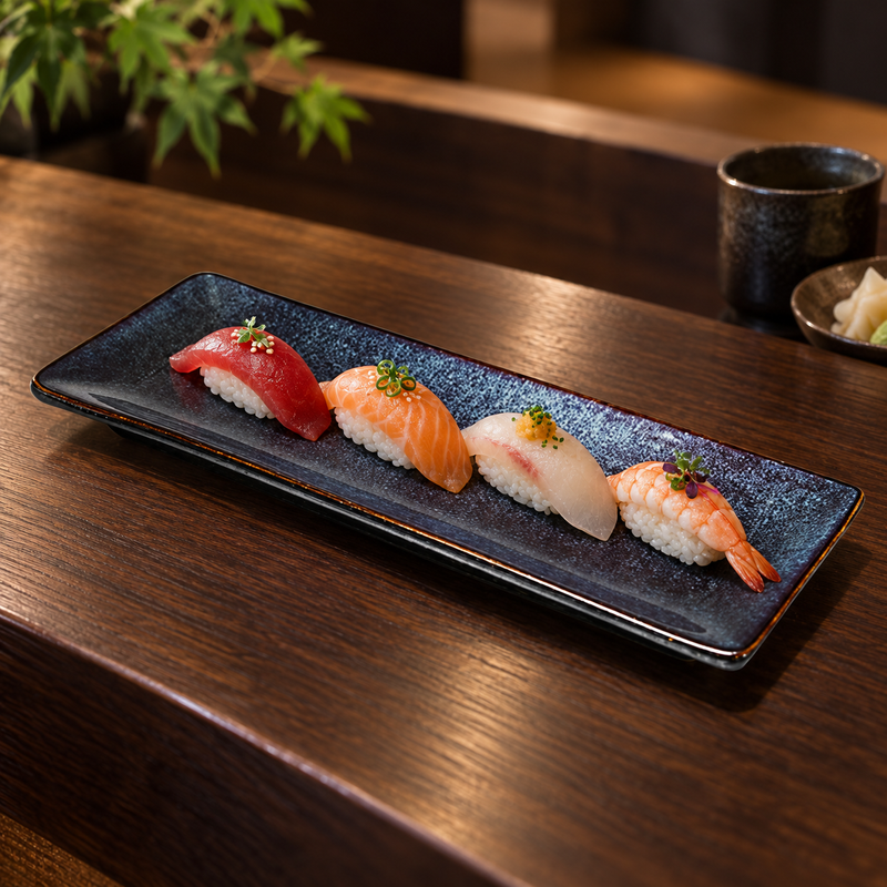 10.25" × 4" Obsidian Ceramic Rectangular Plate with a restaurant serving