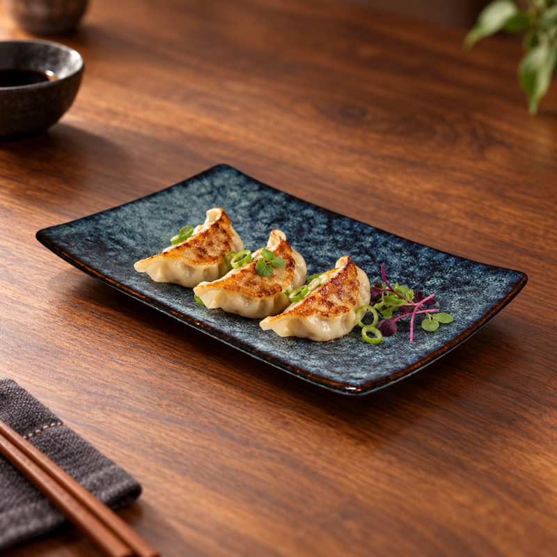 8.25" × 5.5" Obsidian Ceramic Rectangular Plate with a restaurant serving
