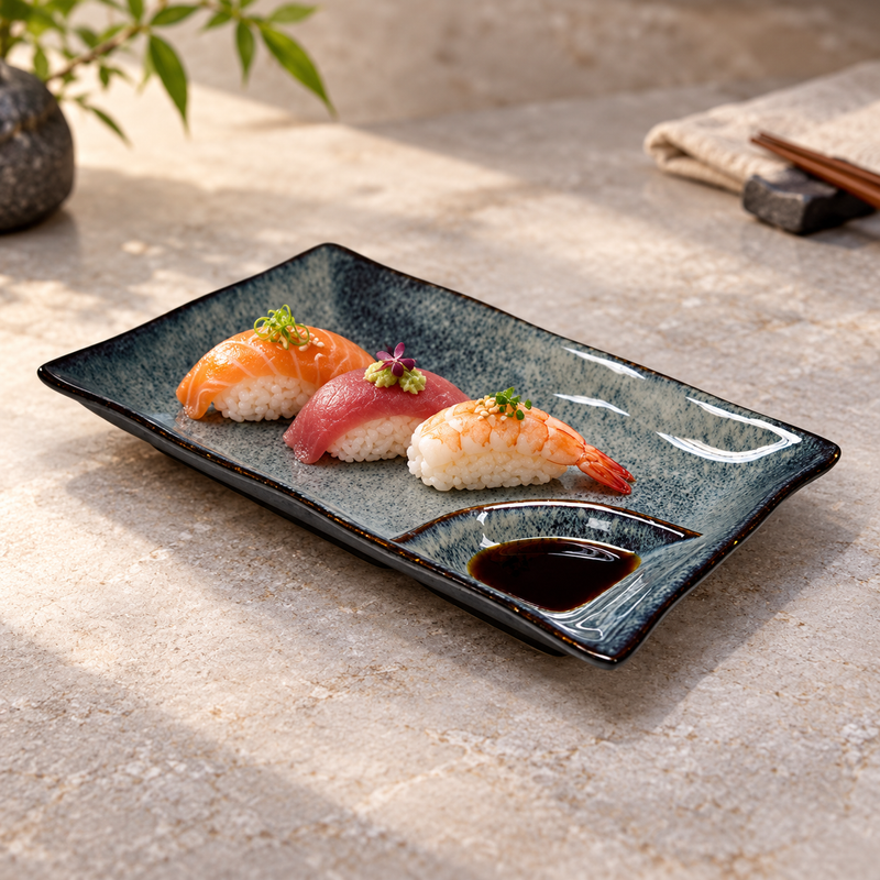 10" × 6" Obsidian Ceramic Divided Rectangular Plate with a restaurant serving