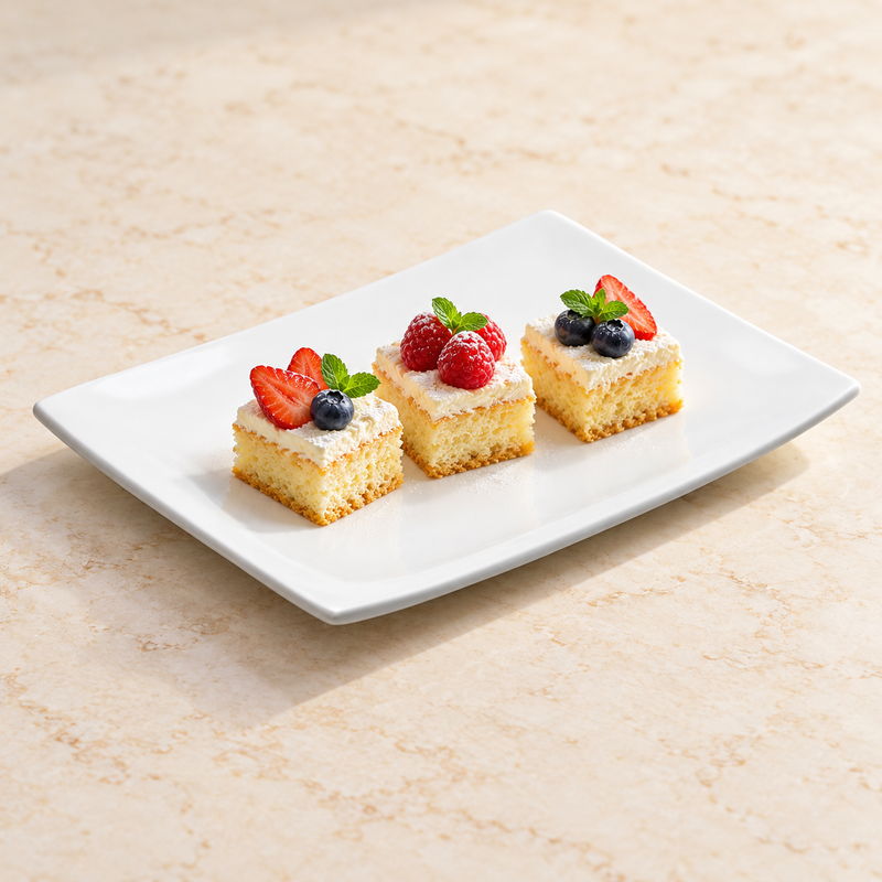 Three berry-topped cake squares arranged on the white A0879 rectangular plate