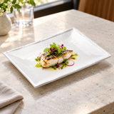 A0941 white crosshatched ceramic rectangular plate with grilled fish