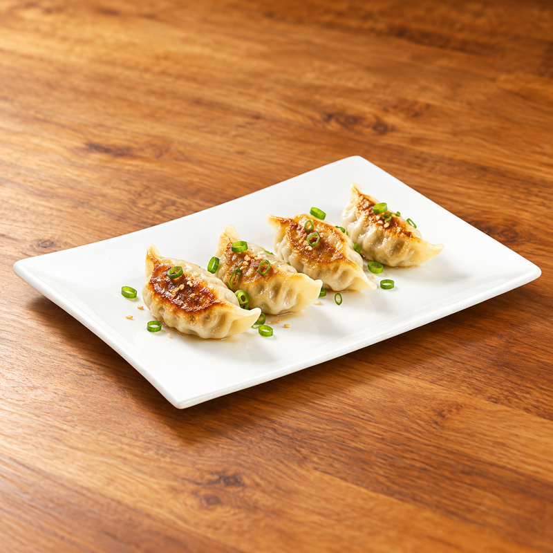 12¾″ × 9″ White Ceramic Rectangular Plate — A Dumpling Course