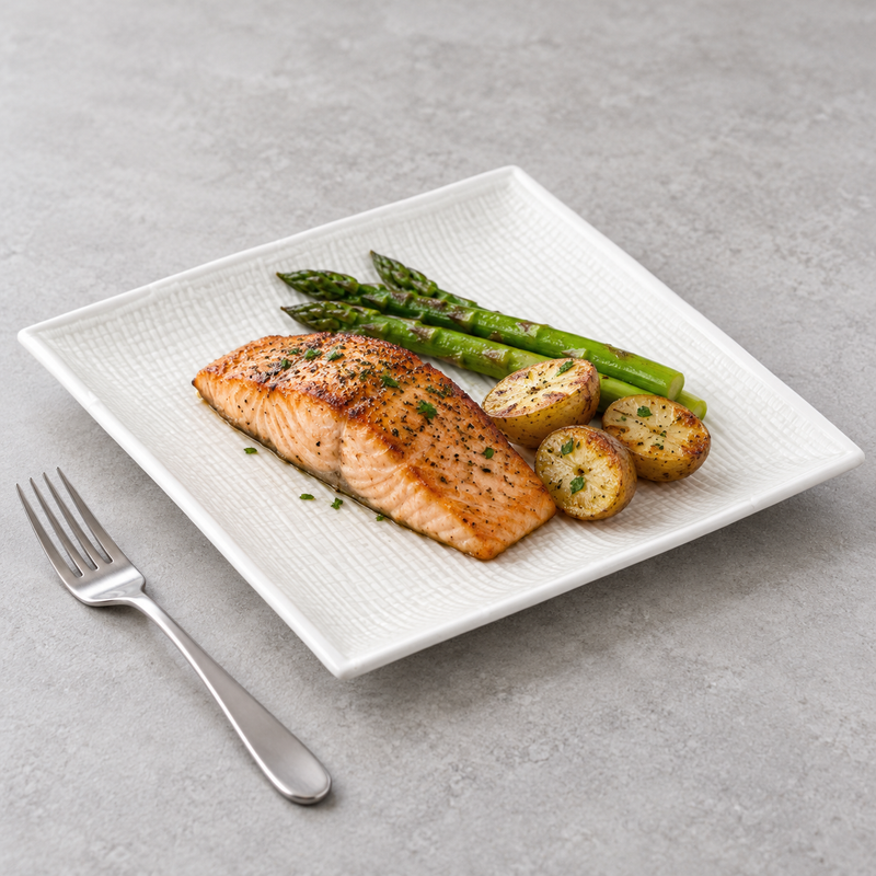 A1130 textured white square plate with salmon, asparagus and halved potatoes as a main-course serving suggestion.