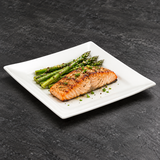 A1278 white ceramic square plate with a modest salmon serving