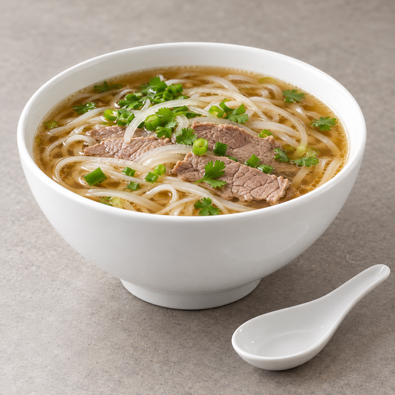 Deep white footed noodle bowl holding broth, noodles, sliced meat and green garnish, with a white soup spoon beside it.
