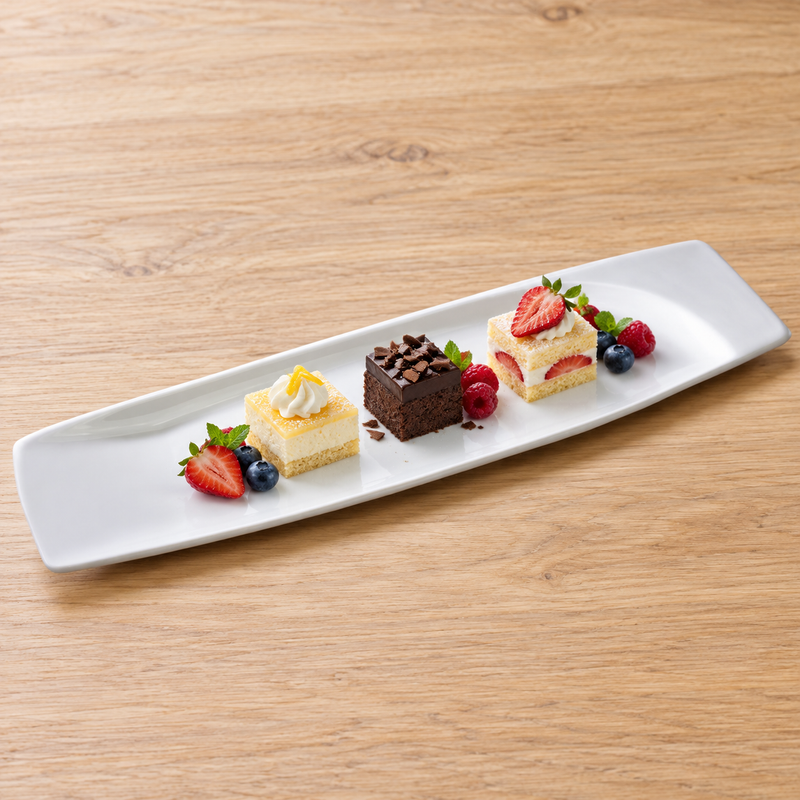 A14890 white rectangular platter with three small cake portions and berries