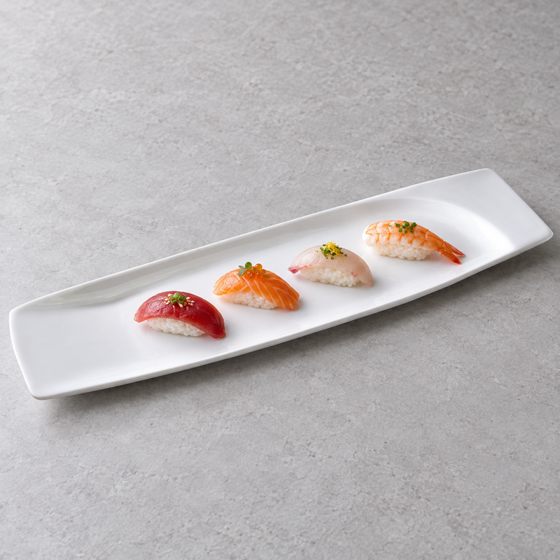 A14890 white rectangular platter with a modest nigiri assortment