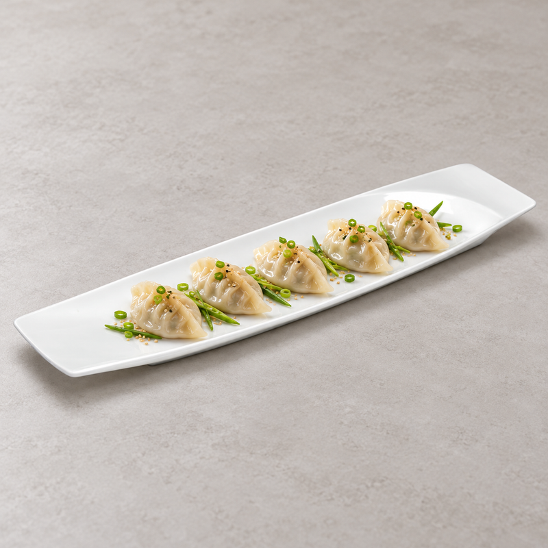 A14945 white rectangular platter with dumplings and green vegetable accents