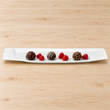 A14945 white ceramic rectangular platter with chocolate truffles and raspberries