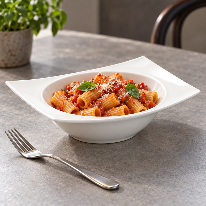 A15027 square-rim bowl with tomato-sauced pasta, grated cheese and basil as a serving suggestion; fork and background accessories not included.