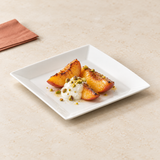 7-1/8" Square Bowl, White Ceramic, Grilled peach dessert setting