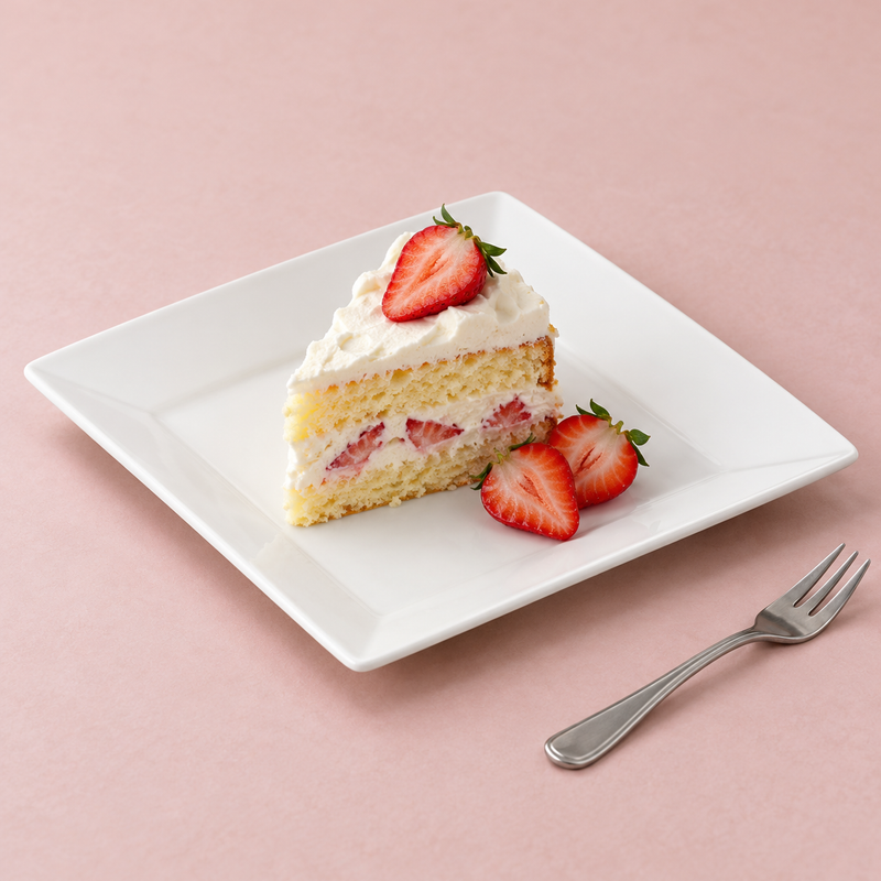 A1531 square plate with strawberry layer cake and cut berries as a dessert suggestion; fork not included.