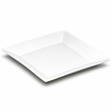 12" Square Plate, White Ceramic. Angled product view.