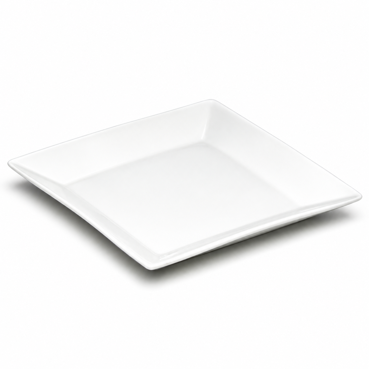 12" Square Plate, White Ceramic. Angled product view.