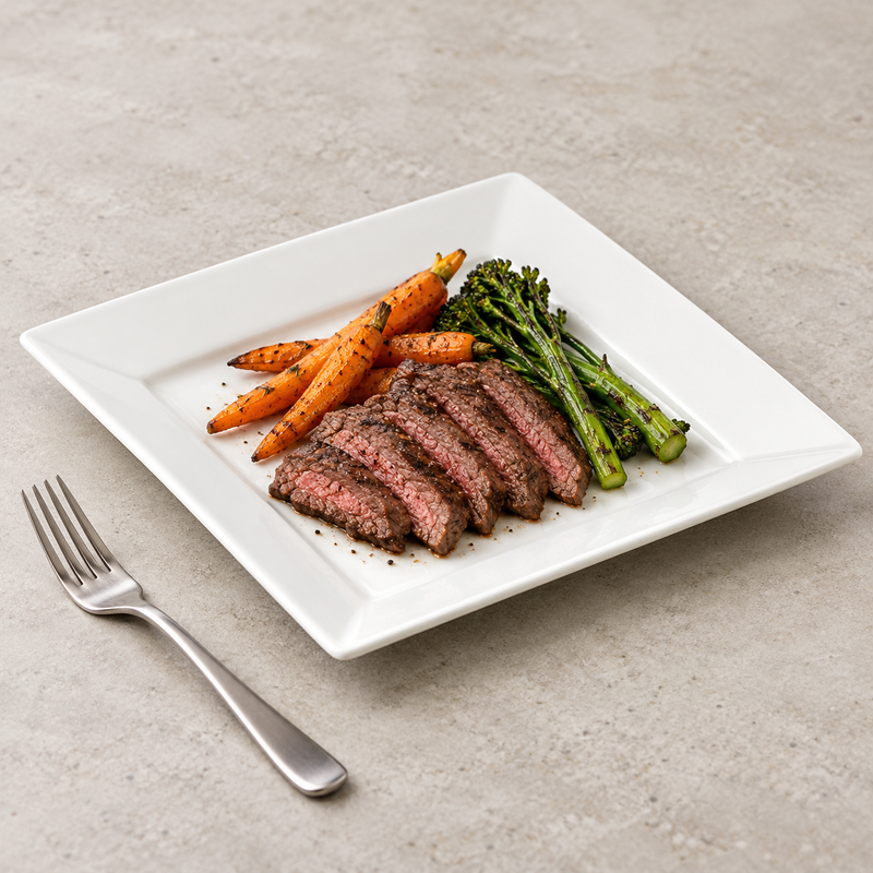 A1531 square plate with sliced steak, roasted carrots and green vegetables as a serving suggestion; fork not included.