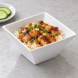 5" Square Bowl, White Ceramic, Teriyaki chicken rice