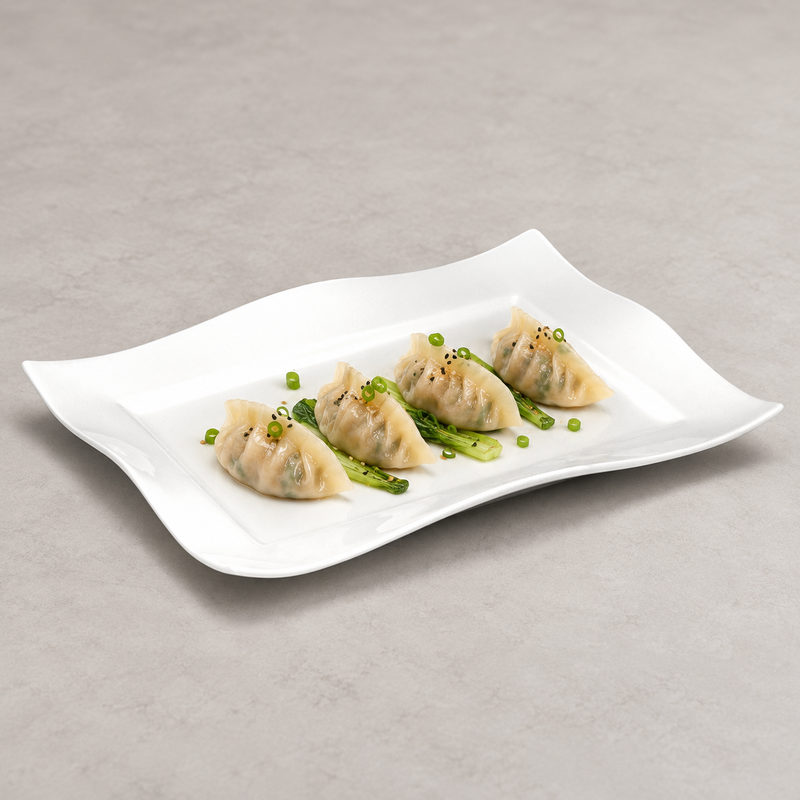 A15416 white ceramic wave-edge rectangular plate with dumplings and vegetables