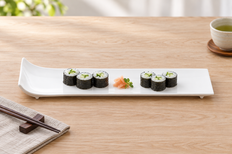 A15649 white raised-end rectangular plate with cucumber maki on a pale wood table