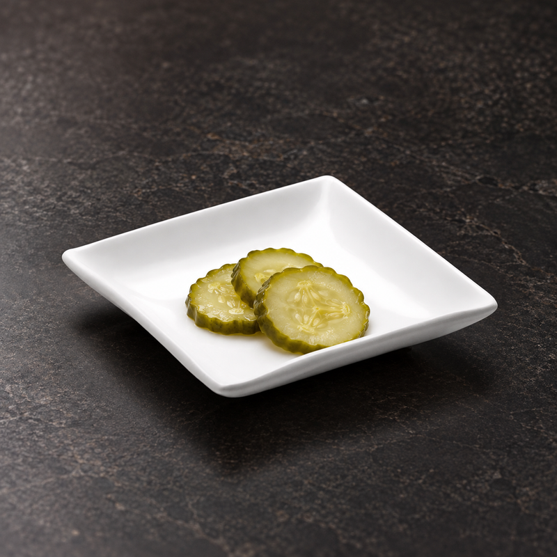 4¼″ White Ceramic Deep Square Plate — A Small Pickle Serving