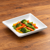 A1649 white ceramic square plate with a modest vegetable serving