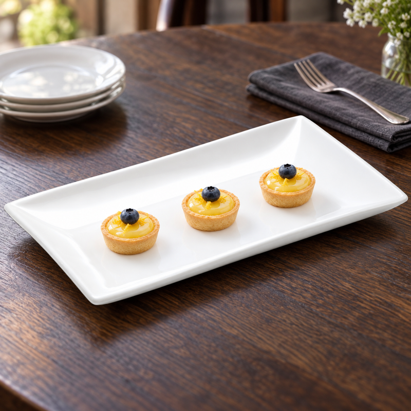 A1655 white rectangular ceramic plate presenting three small lemon tartlets at a dessert table