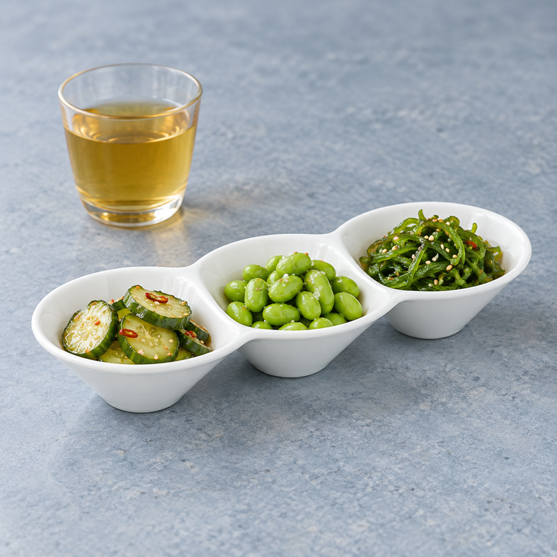 A16765 with cucumber slices and red chili, shelled green beans and seaweed salad in its three rounded compartments.