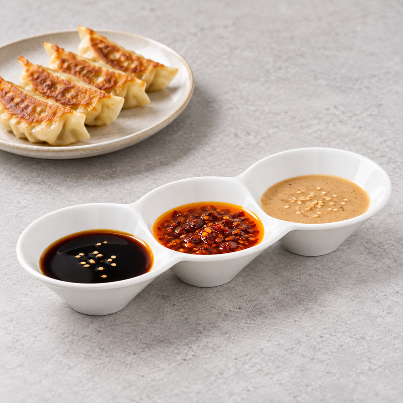 A16765 with dark sesame-topped sauce, red chili oil and a pale creamy sauce, with dumplings on a separate plate behind.