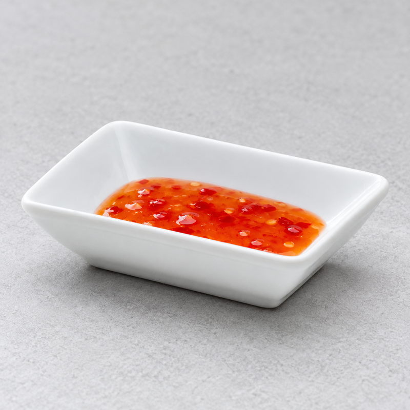 Serving suggestion with red-orange chili sauce in the A16850 white rectangular plate