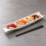 15-1/2" Bamboo Plate, White Ceramic. Sushi serving suggestion.