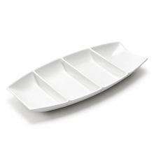 4-Compartment Boat Plate Deep 12"x5-1/2", White Ceramic. Angled product view.