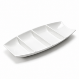 4-Compartment Boat Plate Deep 12"x5-1/2", White Ceramic. Angled product view.