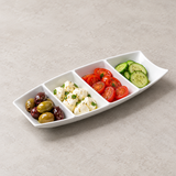 4-Compartment Boat Plate Deep 12"x5-1/2", White Ceramic. Serving suggestion.