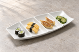 A18686 white ceramic four-compartment boat plate with small sushi, dumpling and pickle portions; serving suggestion