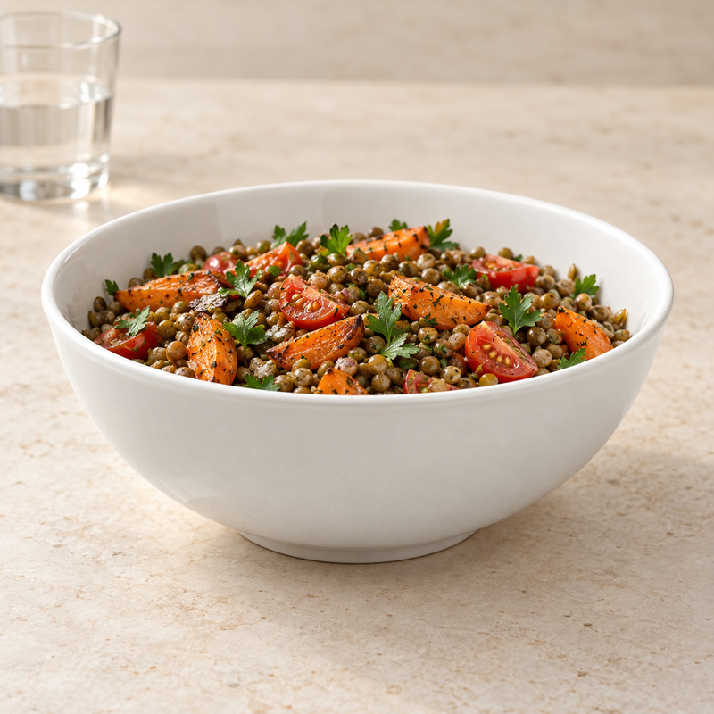 A2015 bowl shown with orange roasted vegetables, tomatoes, small legumes and green herbs
