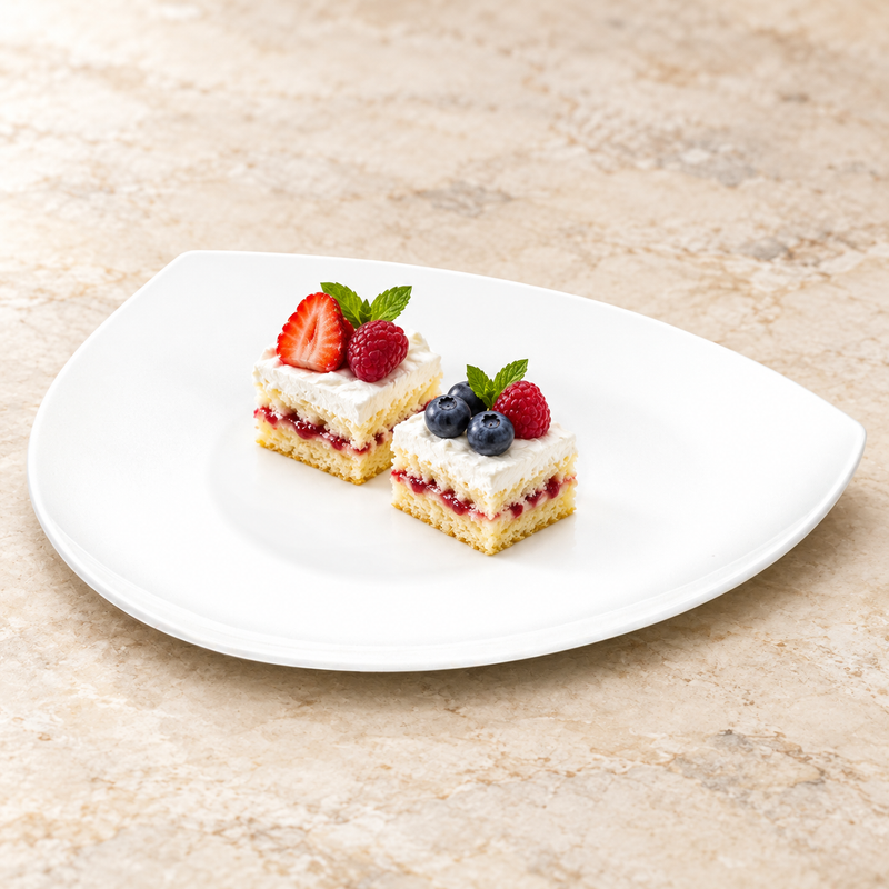 A2018 white ceramic triangular plate with a small dessert presentation on a restaurant tabletop; food not included.