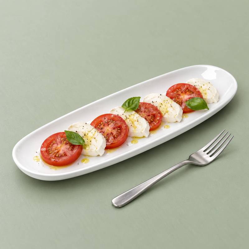 Alternating tomato and white-cheese slices with green leaves on the A2026 oval plate