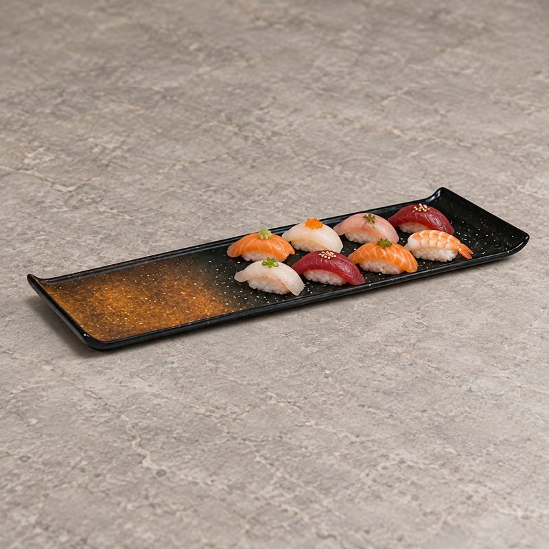 A20811-BR brown-speckled ceramic platter with a modest nigiri selection