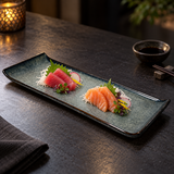 14.25" × 6" Obsidian Ceramic Rectangular Platter with a restaurant serving