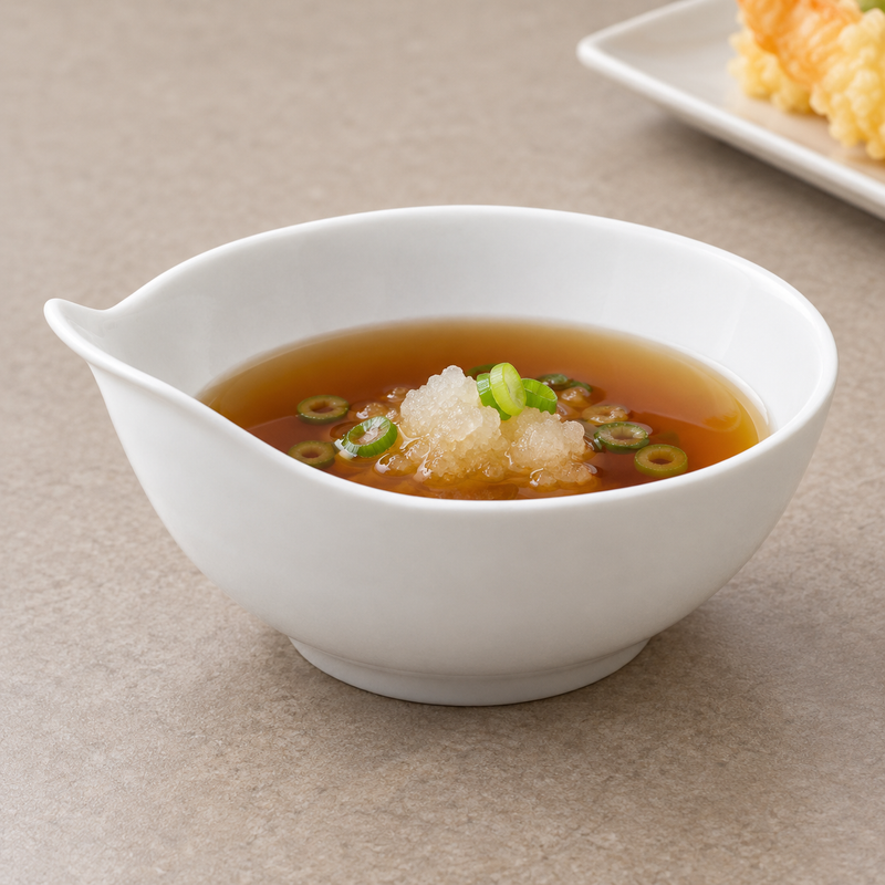 A2315 white tempura sauce bowl containing dipping sauce with grated garnish and green onion, with tempura on a separate plate behind it.