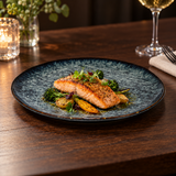 10.25" Obsidian Ceramic Round Plate with a restaurant serving