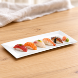 A239-01 white porcelain serving plate styled with five nigiri sushi pieces