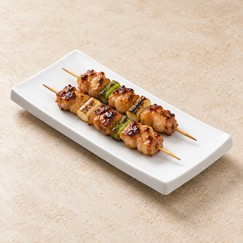 Serving suggestion with two browned chicken and scallion skewers on the A2526 white rectangular plate