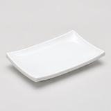 5-7/8"x4" Rectangular Plate, White Ceramic. Angled product view.