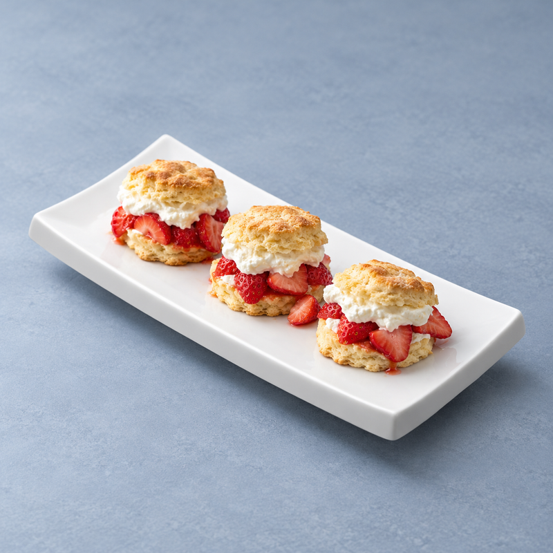 Strawberry shortcakes arranged in a row on the white A2592 rectangular ceramic plate