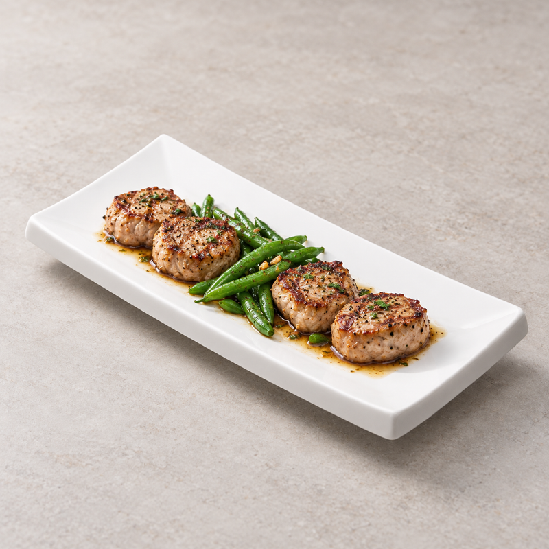 Browned medallions and green vegetables arranged along the white A2592 rectangular plate