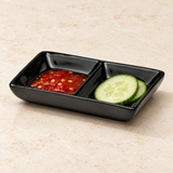 4"Lx2-3/4"W Twin Sauce Plate, Black Ceramic. Alternative serving suggestion.