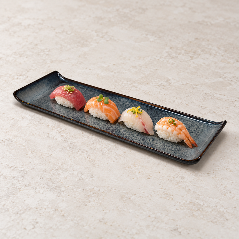 15.25" × 5" Obsidian Ceramic Rectangular Platter with a restaurant serving